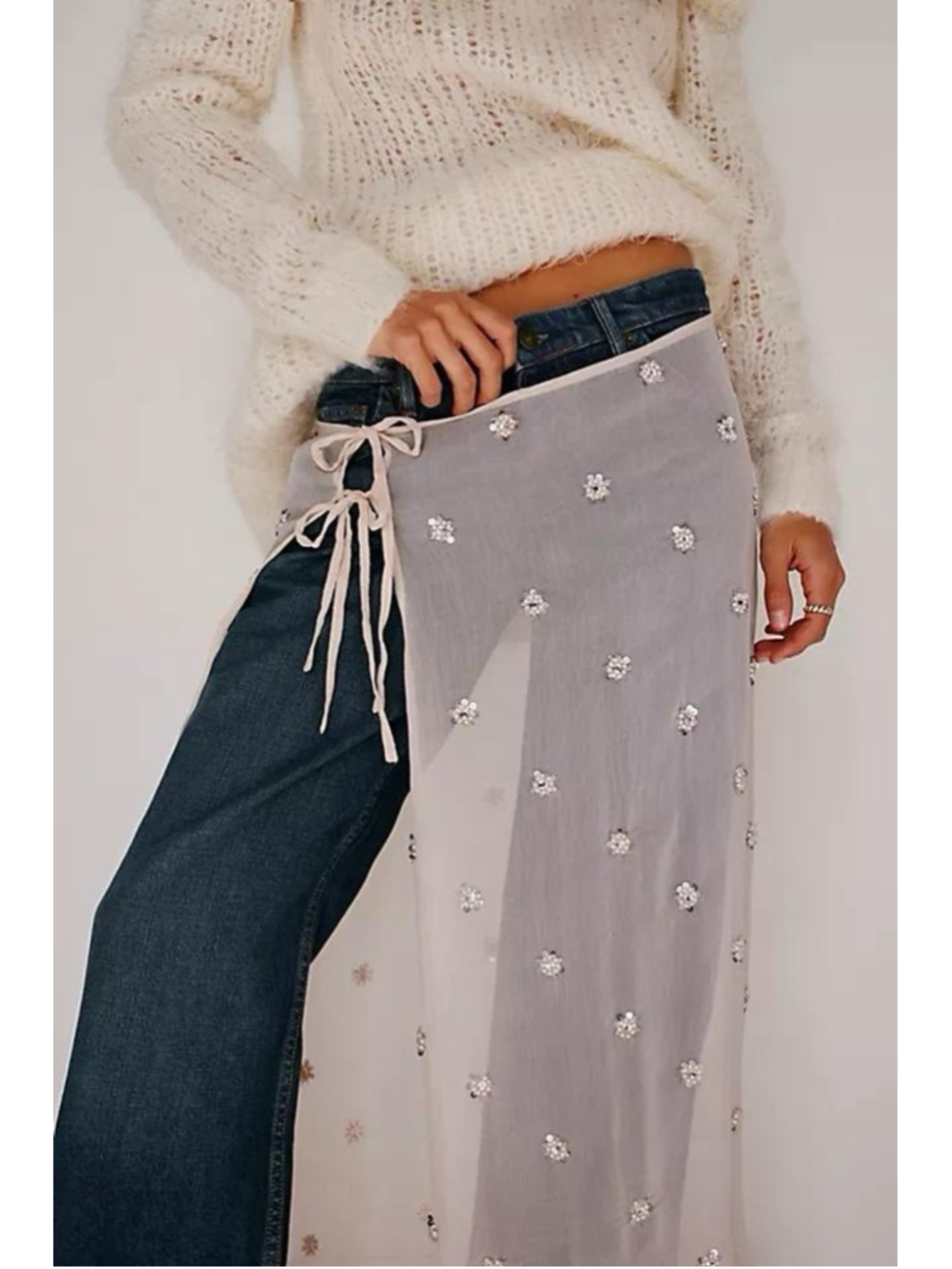 Free People Beaded Embellished Apron Sarong White One Size Sheer Cover Up Vacay - Picture 2 of 13